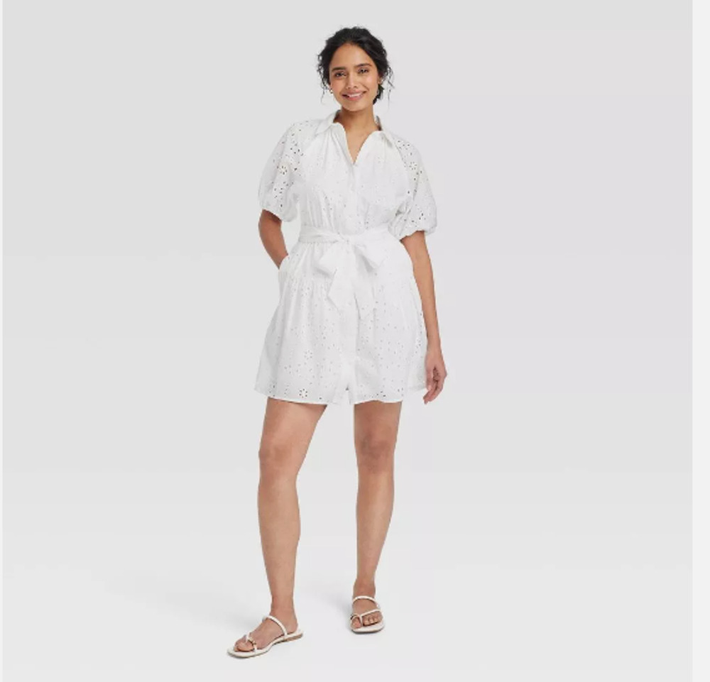 Eyelet Balloon Short Sleeve Mini Shirt Dress Sz Small NWT White A New Day